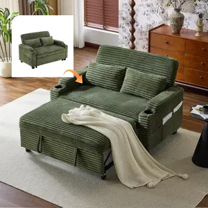 VINGLI Green Futon Sofa Bed Convertible Loveseat Sleeper Sofa Couch, Corduroy Pullout Sofa Fold Out Couch Bed with USB Ports, Cup Holders, Armrest for Living Room, Bedroom Apartment Room | Lveseat Sleeper