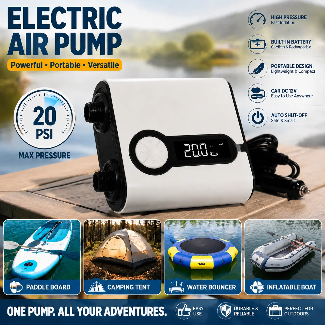 20 PSI High Pressure Electric SUP Pump with Auto Shut-Off, Portable Inflator & Deflator, Car Cigarette Lighter Powered for Paddle Board, Inflatable Boat, Camping Tools