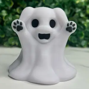Cute 3D Printed Ghost Dog Halloween Figurine with Paw Print Hands & Black Eyes Spooky Ornaments Decorative Collectible for Dog Lovers Decoration