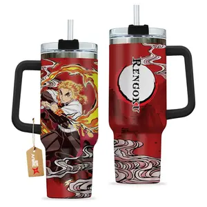 Kyojuro Rengoku Kimestu no Yaiba Demon Slayer Anime Custom Quencher 40oz Stainless Steel Tumbler With Handle HG, Gift for Anime fan, Perfect gift for him, for her