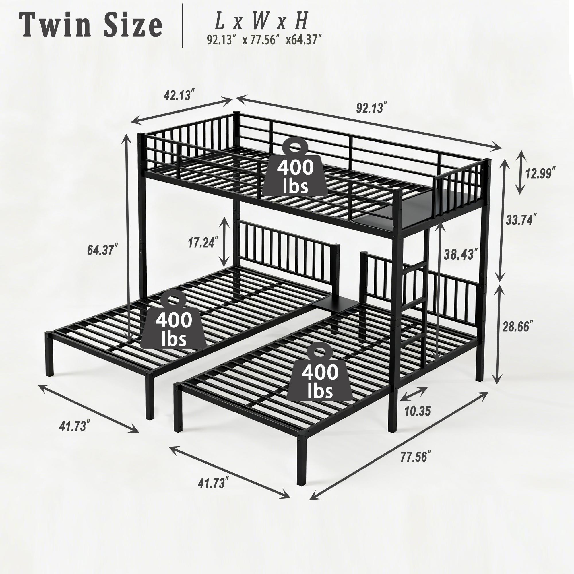 Triple Bunk Bed for Kids, Detachable Twin Over Twin Over Twin Metal Bunk Bed with Guardrails, Ladder & Storage, Converts to 3 Separate Twin Beds, Easy to Assemble (3 Bunk Beds for Kids)