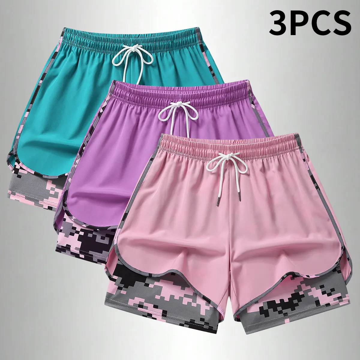 3PCS Women's   Sports Shorts, Camo Lined Polyester Athletic Shorts, Regular Fit， Elastic Drawstring Waist, Casual Lightweight Shorts for Running, Gym Workouts & Daily Casual Wear