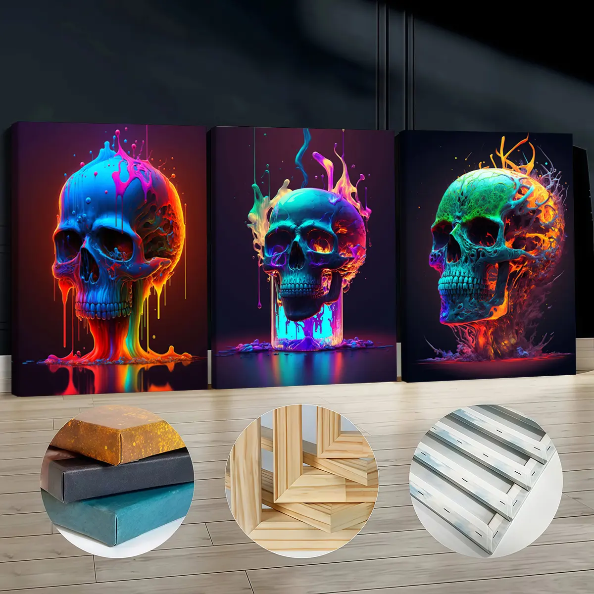 3-Pcs Pine Wood Framed Canvas Print - Colorful Halloween Skulls Pattern Wall Art, Odorless 30x40cm Home Decor for Living Room, Bedroom Wall