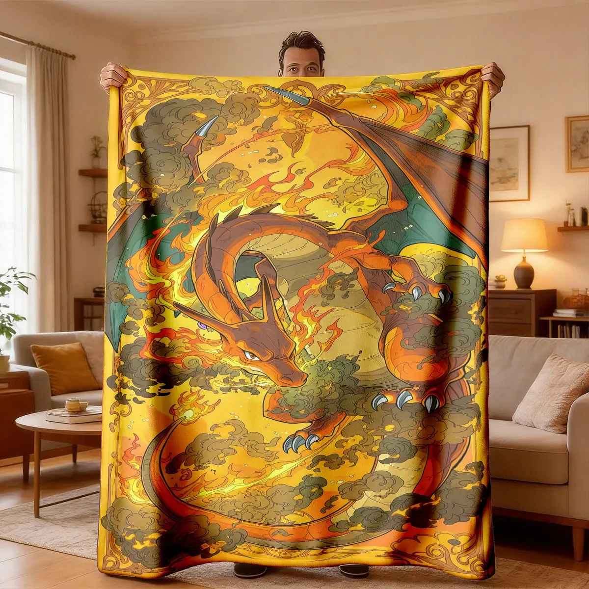 Pokemon Dragon Flame Illustration Flannel Blanket, Soft Lightweight Warm, Casual Soft Blanket, Bedroom Holiday Decor, All Seasons, Bed Sofa Office Camping Travel, Soft Cozy Blanket, Soft Blankets
