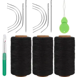 and Thread for Hair Extensions 3 Rolls Hair Weave Sewing Threads with 10 count C J I Shape Curved Upholstery  for Hand Sewing, Hair Extensions, Making Wigs DIY (10+3, Black)