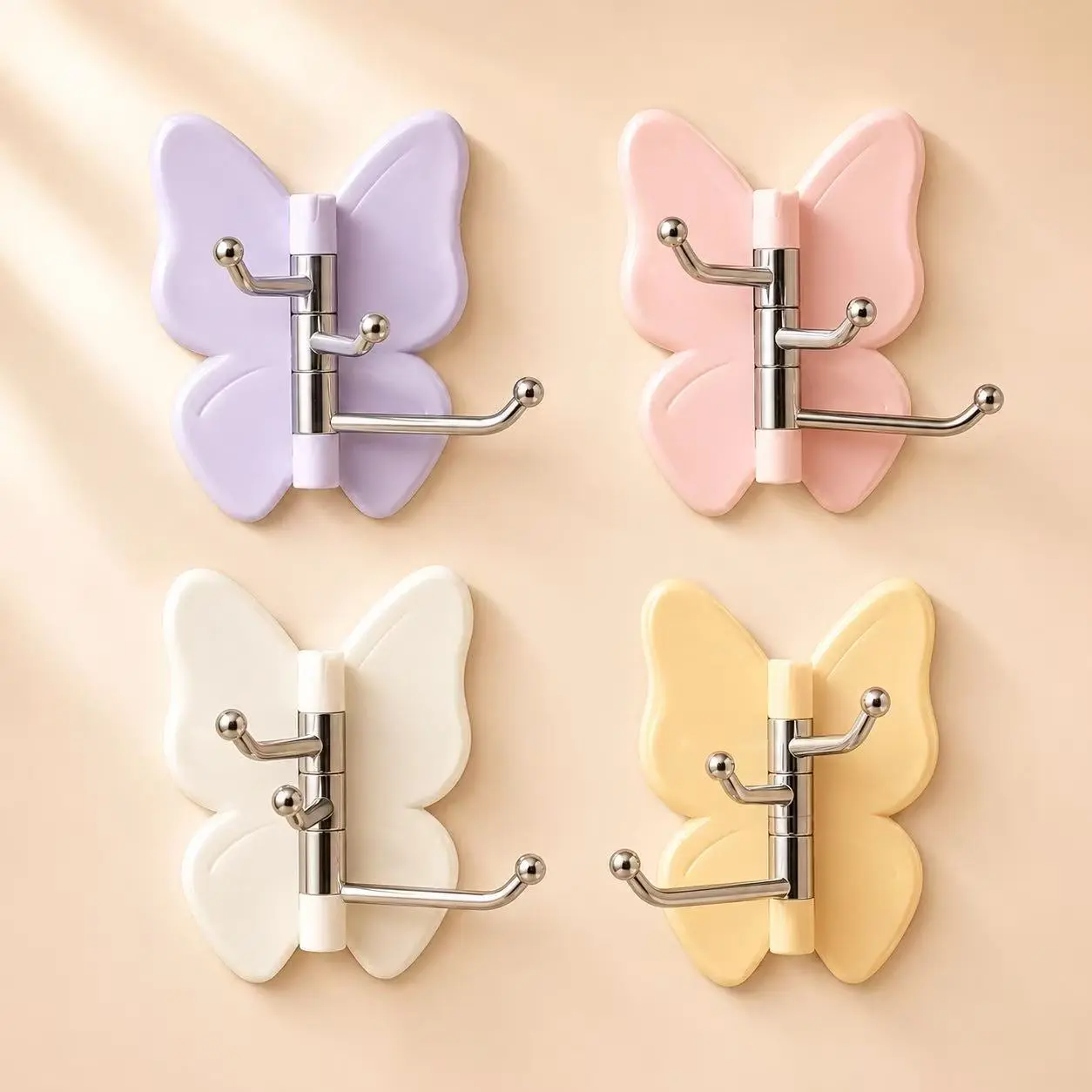 Rotating Butterfly Hooks – Strong Adhesive Wall Organizer for Towels, Bags, Hats & Keys | No Drilling Required