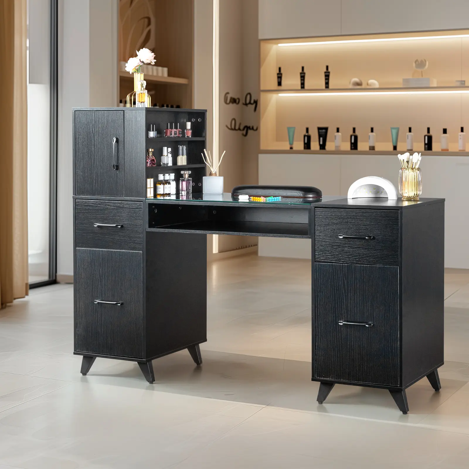 Sturdy Stable Large Storage Fanless Nail Table, Relief Particle Board Manicure Workstation With Anti-Corrosion Tempered Glass Top, 3 Lockable Cabinet Doors, 2 Drawers, Multi-Compartment, Requires Assembly For Beauty Salon