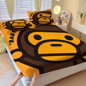 Yellow Brown Cartoon Monkey Fitted Sheet Set, 1 Fitted Sheet + 2 Pillowcases, Cute Kawaii Ape Print Bedding, Soft Breathable Microfiber Bed Linen for Kids Teens, Wrinkle & Fade Resistant, Comfy Bed Sets
