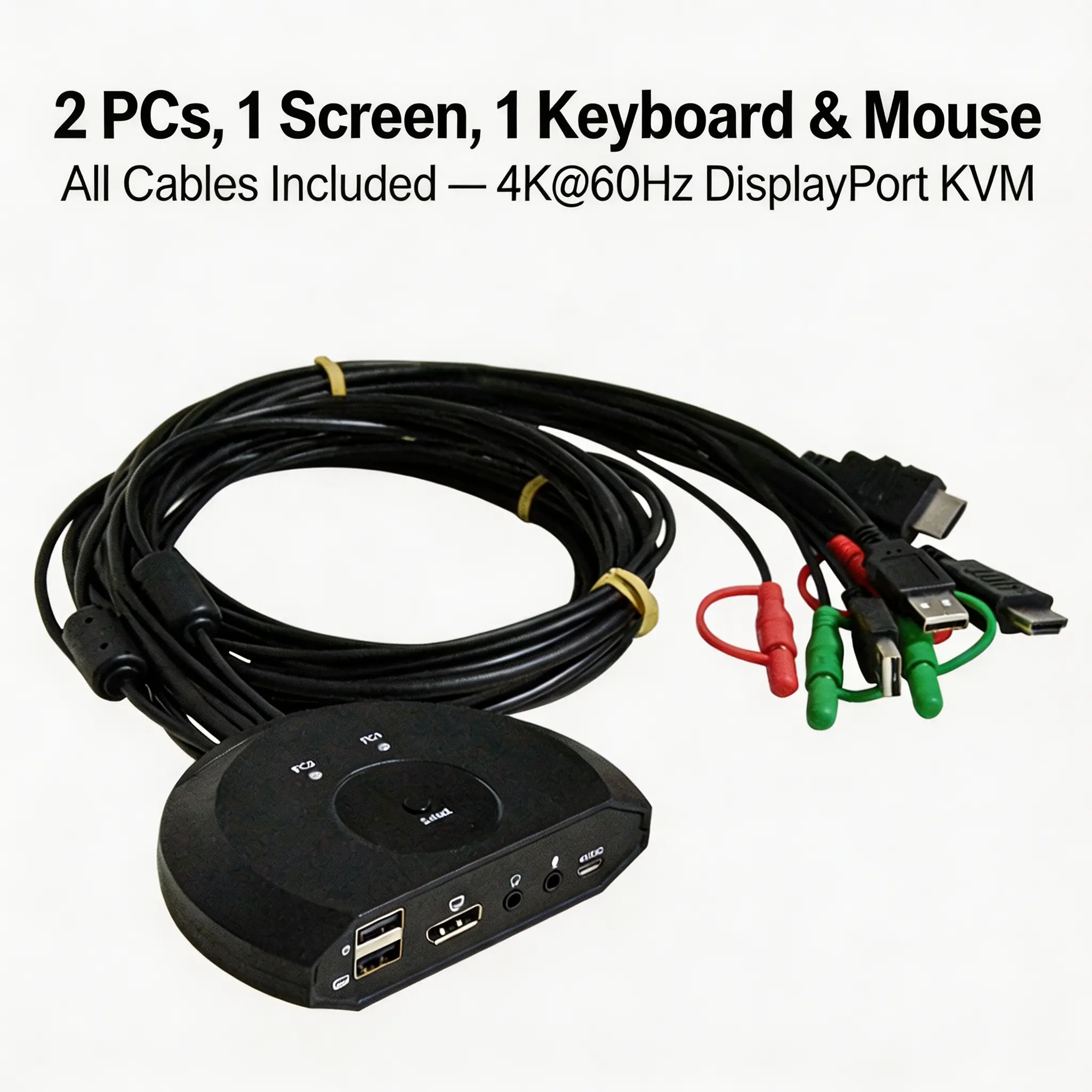 BYTECC 2-Port DisplayPort KVM Switch - Plastic Body, 4K@60Hz Plug-and-Play USB DP Switcher, Supports Monitor Audio/Microphone, Enables 2 Computers to Share Devices, All Cables Included