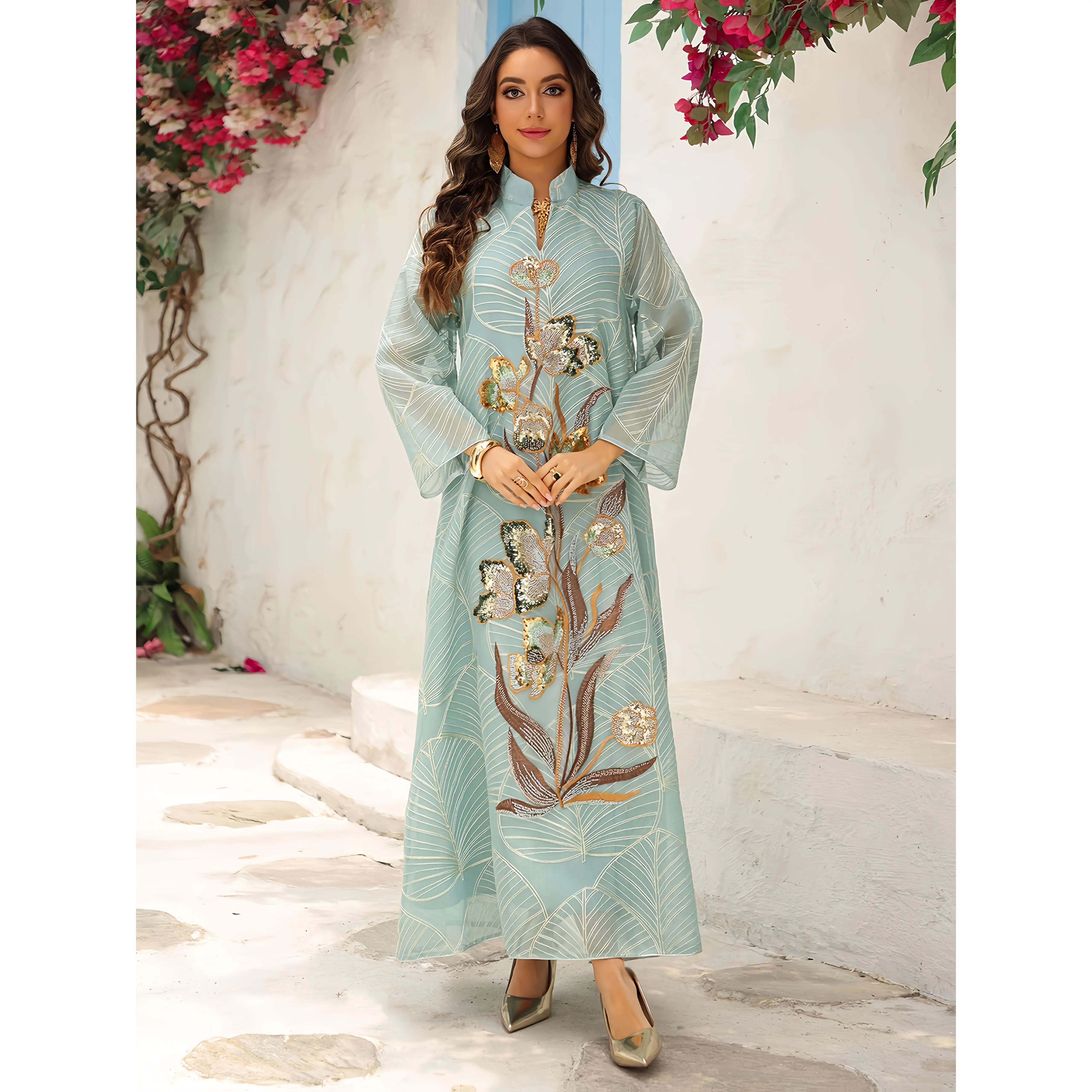 Women's Muslim Clothing Non-Stretchy Jalabaya Abaya Gown - 1pc Elegant Dubai Formal Wear with Intricate Floral Embroidery for Wedding, Ramadan