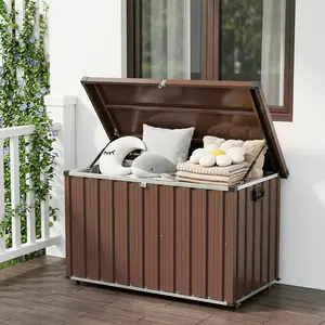 GAOMON 200 Gallon Outdoor Metal Storage Box, Waterproof Steel Deck Box with Lockable Soft-Close Lid, Dual Gas Struts, Wheels, Handles, Large Patio Cushion Tool Pool Storage, Brown,53.15"L x 27.76"W x 33.07"H