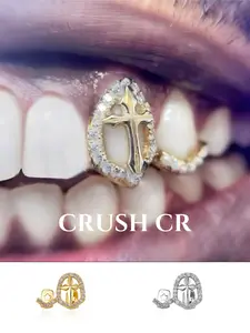 CRUSH CR 1pc 18K Gold Plated Copper Cross Star Grillz with CZ Stones, Silver & Gold Finish – Elegant Hip-Hop Tooth Jewelry for Female, Black Women, Girls, Men & Boys. Perfect for Parties, Halloween, Cosplay & Gifts! Trendy Bling Accessory