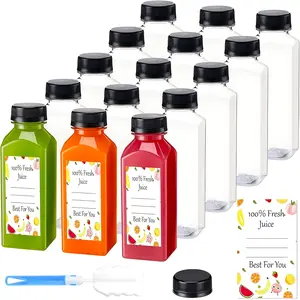 15Pcs 12oz Juice Bottles with Caps , Clear Plastic Bottles with Caps, Reusable Water Bottle, Used for Juicing Bottles, Smoothie Bottle, Juice Containers - with 10Pcs Labels & Bottle Brush Juice Bottles With Caps Juice Containers Durable Beverage Bottles 1