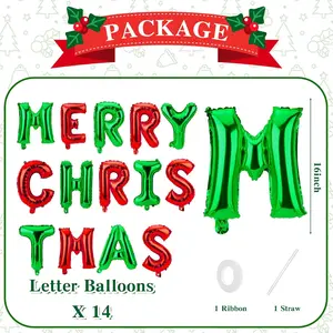 Merry Christmas Foil Letter Balloon Banner – Red & Green 16-Inch Aluminum Balloons for Holiday Party Decoration
