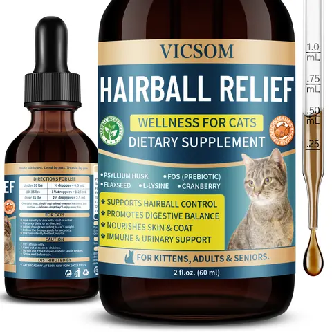 VICSOM Liquid Cat Hairball Remedy Supplements - 60ml Chicken Flavor, Natural Control with Psyllium Husk & Flaxseed, Digestive Remedy, Fur & Skin Care, Immune & Urinary Support, Dropper for Precise Dosing, for Kittens & Adults (Longhairs)