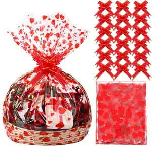 20pcs Large Cellophane Bags 20x28 Inches With 20pcs Bows Ribbon, Red Heart Printed Cellophane Wrapping Bags, Clear Plastic Gift Bags For Baskets, Presents, Weddings, Bridal, Birthday Party, Christmas, New Year, Mother's Day And Valentin