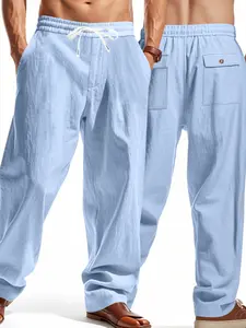 Men's Fall Winter Outfits Linen Elastic Waist Casual Solid Drawstring Pants, Multi-Pocket Design, Old Money Casual Versatile Long Pants, Must-Have for Men's Wardrobe