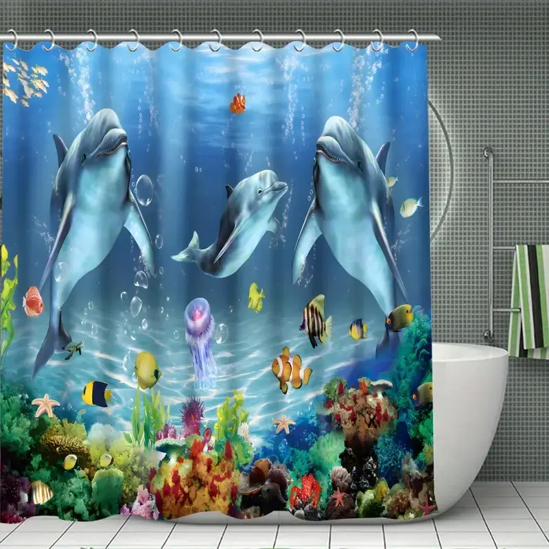A shower curtain of the underwater world of dolphins and small fish, perfect for bathroom, Restroom decoration, waterproof, wear-resistant, easy to clean, machine washable, multiple sizes, and shower curtain hooks