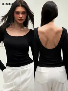 LESSORA Women's Cotton Ribbed Long Sleeve Crew Neck Open Back Top