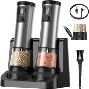 Electric Salt & Pepper Grinder Rechargeable Set 2 Pack, Adjustable Coarseness & Speed, Stainless Steel, Large Capacity for Kitchen, Dining, Camping