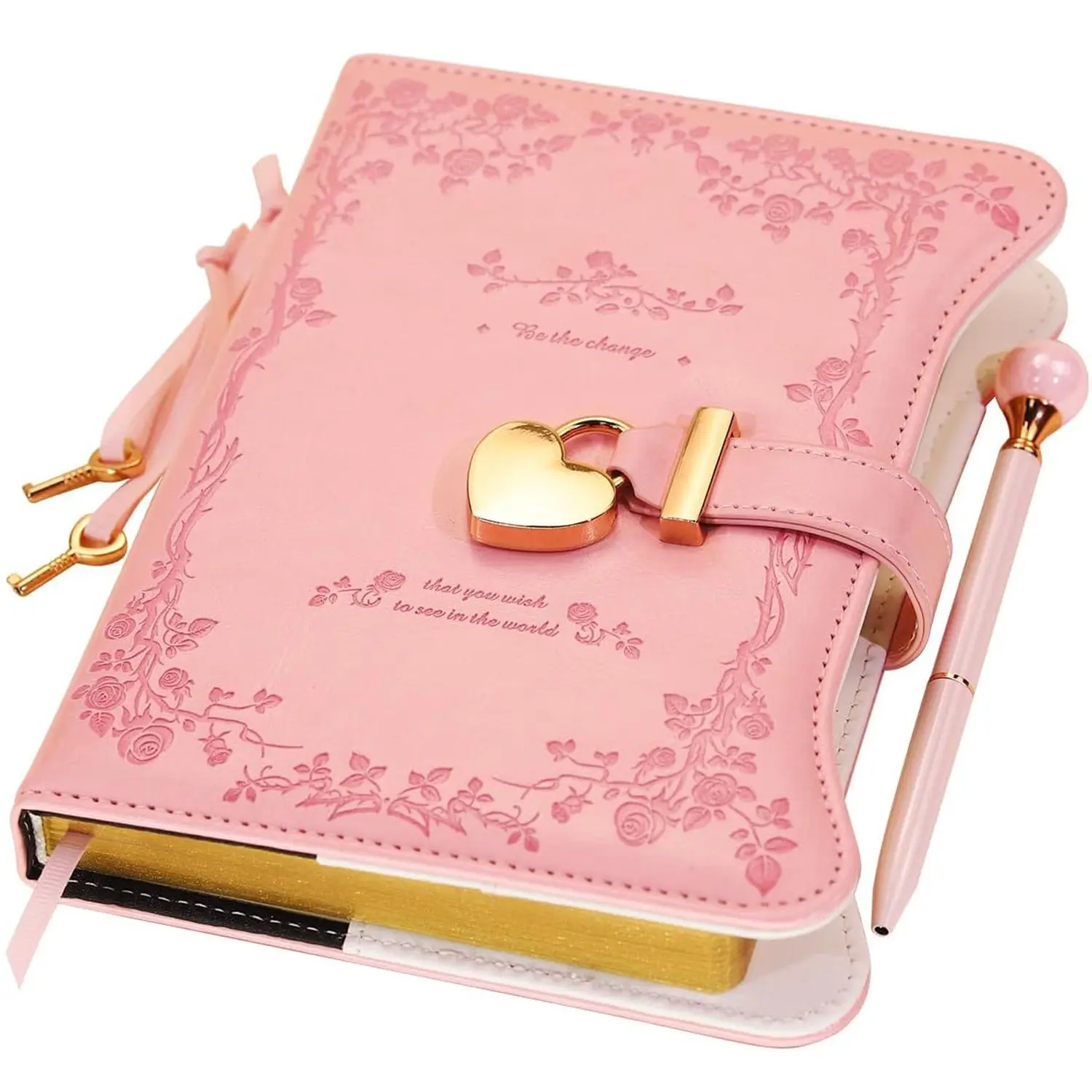 B6-Sized Lockable Diary Kit with Cute Stationery Supplies Set - 360 Gold-Edged Pages, Refillable Journal with Keys, Pearl Pen, Bookmark, Teen Girl Office Stationery Personal Organiser Gift Idea