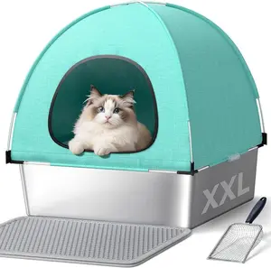 Stainless Steel Cat Litter Box with Lid Extra Large Square 3-in-1 Enclosed Metal Litter Box with High-Sided Oxford Fabric Cover Metal Scoop Odorless Non-Sticky Leak-Resistant  89L Blue-Green Tent for Privacy pet toilet odor-free waste disposal