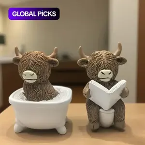 Funny Bathroom Decor - Highland Cow Reading Book Toilet Statue, Farmhouse-Style Bathroom Ornament, Resin Home/Office Decor or Gift, No Electricity Needed, Humorous Design, Cute Cow Design, Textured Details, Perfect for Christmas & Thanksgiving