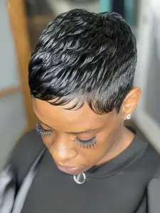 synthetic Hair Short Wigs Pixie Cut Wigs with Bangs Short Black Layered Wavy Wigs for Women 1B Color Synthetic Material Wigs Synthetic Fiber Wigs