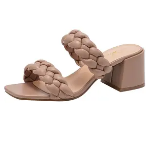 Women's Open Square Toe Braided Chunky Heel Strappy Backless Slip-On Mules - Comfy, Fashionable Heeled, Women Sandals for Dressy Casual Summer Walking, Comfy Sandals