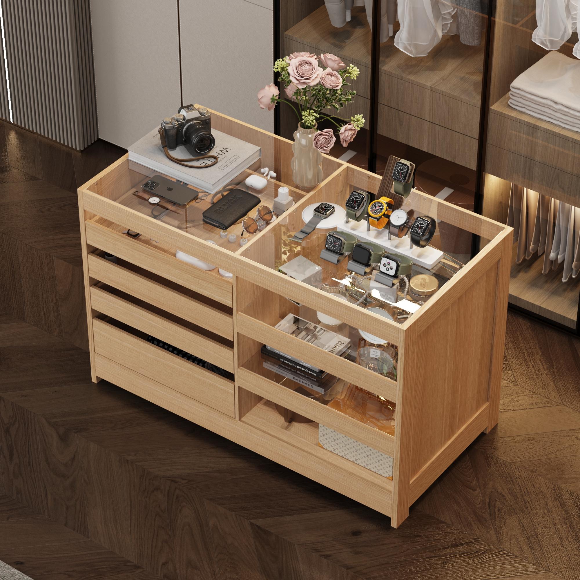 FUFU&GAGA Bedroom Island Wardrobe Closet Island with Glass Tabletop Island Dresser with Display Shelf Closet