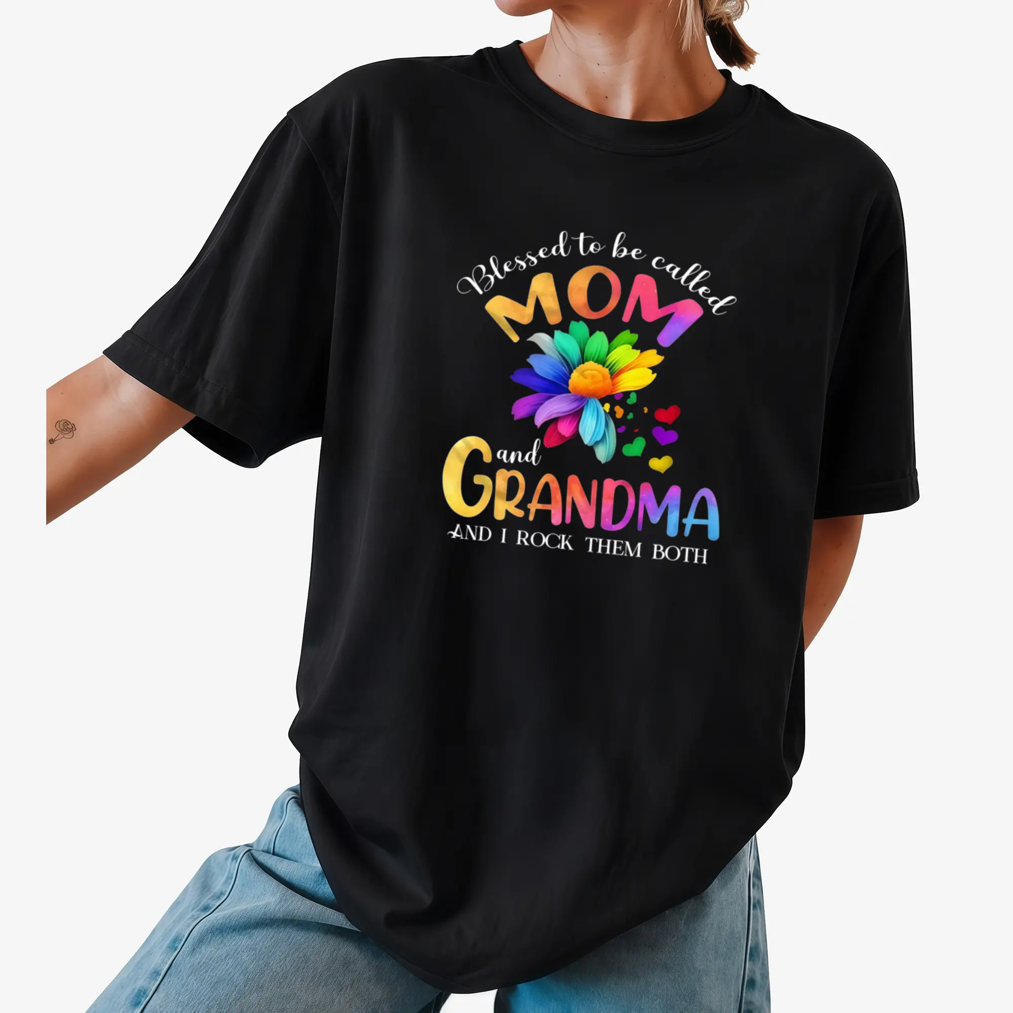 Women's Funny Graphic T-Shirt with "Blessed Mom & Grandma" Floral Print, 100% Cotton Oversized Casual Top, Clothes