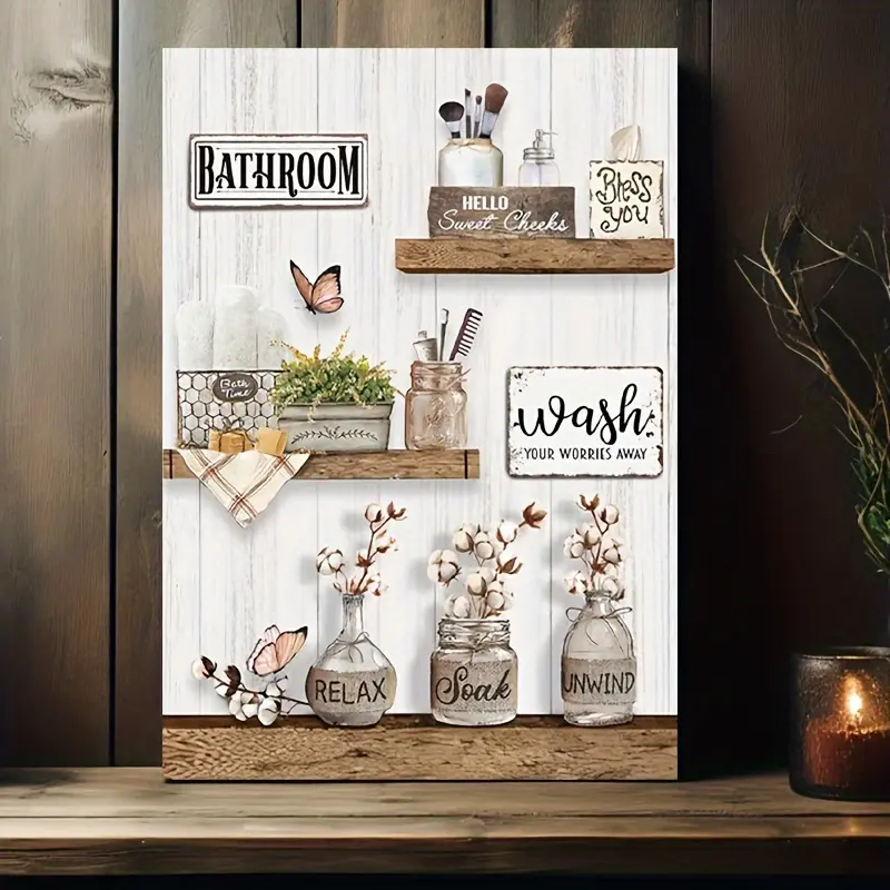 1 Piece Wooden Frame Canvas Painting Country Bathroom Decoration Canvas Poster Country Flowers and Butterflies Bathroom Picture Print Painting Home or Office Bathroom Living Room Decoration Inspirational Wall Art Decoration Framed Ready to Hang Gift