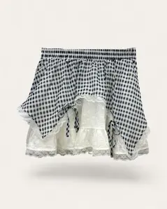 Women's Cute Gingham Lace Layered Mini Skirt - Casual Comfy, Elastic Waist, Ribbon Accent, Cotton Blend, Regular Fit Womenswear Bottom