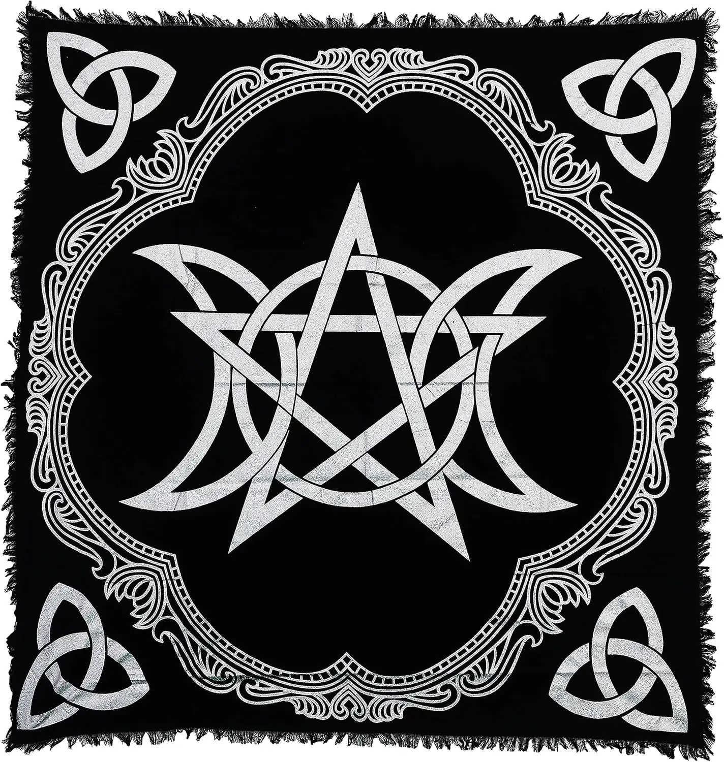 18x18in 1-Piece Wiccan Witchcraft Sacred Altar Cloth Decor - 100% Cotton Duck, Gold & Silver Screen Printing, Triple Moon-Pentagram-Triquetra Design, Manual Fringes on All 4 Sides, Spiritual Tarot Spread Tablecloth (Care: Dry in Shade)