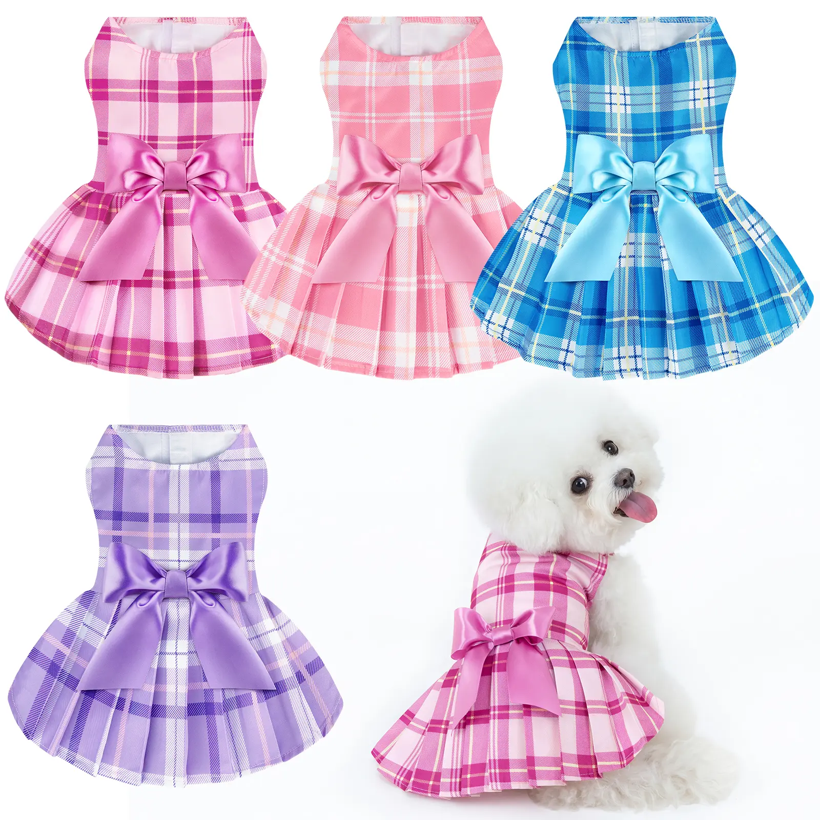 XPUDAC 4 Pieces Plaid Dog Dresses for Small Dog Sweet Bowknot Cute Puppy Dress Pet Princess Clothes for Birthday Holiday Spring Summer Pet Outfits Summervibes Petlovers