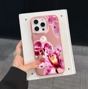 Pink Orchid Bling Rhinestone Phone Case for iPhone 17/16/15/14/13 Pro Max, Shockproof Slim Hard Cover, Floral Aesthetic Protective Bumper Case for Girls Women, Sparkly Cute Flower Case for Everyday Use
