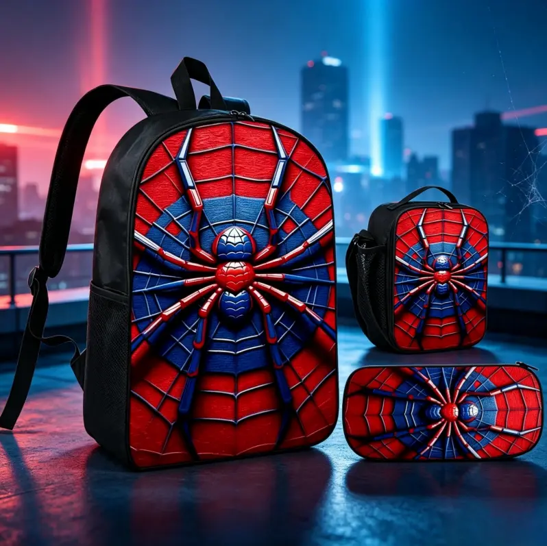 Boys' 3-Piece Spider-Themed Backpack Set - Red Blue 3D Sci-Fi Spider Web Print Waterproof School Bookbag, Insulated Lunch Bag, Anime Pencil Case, Durable School Daily Travel Storage Bag (Home Organizer Supplies Gift)