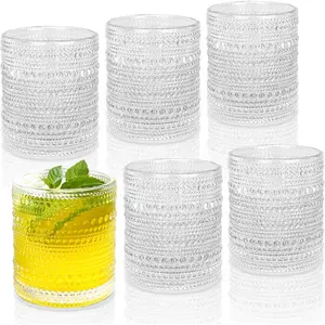 Cocktail Glasses 10 oz Hobnail Drinking Glasses Set of 6, Vintage Glassware, Textured Glass Cups Bubble Glasses Water Glasses Old Fashion Jupiter Glasses Set, clear