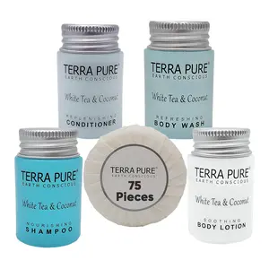 Terra Pure All-In-Kit (75 pcs) | 15 of each Shampoo, Conditioner, Body Wash, Lotion and 1.25 oz Bar Soap (1 oz. Liquids and 1.25 oz. Bar Soap) | White Tea & Coconut Hotel Size Toiletries Set | Amenities For Hotels, Airbnb & Rentals Body Care Scented