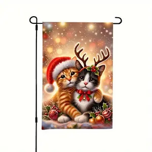 1pc No Electricity Needed Christmas Cat Cozy Garden Flag, Machine Washable Durable Polyester, Outdoor Yard Decor for Holiday Season, Cute Gift for Cat Lovers on Valentines Mothers Day Independence Day