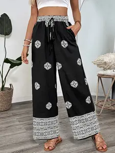 Boho Print Wide Leg Pants - Loose-Fitting, Tied, Pocketed, All Seasons, 91% Viscose, 9% Polyamide, Machine Wash Cold, Tumble Dry Low