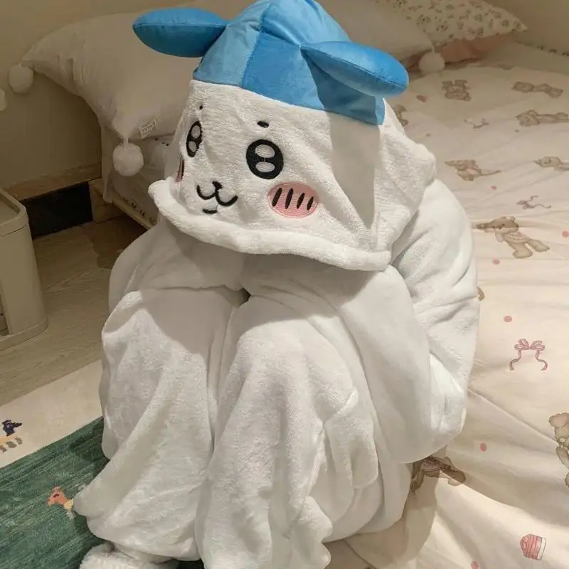 Chiikawa Usagi Hachiware Cartoon Anime Long Sleeve Polyester Jumpsuit, Autumn Winter Warm Loungewear, Cute Comfortable Thick Indoor Pajama Set