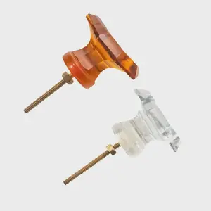 CDNY 2-Inch Faceted Crystal Glass Knobs - Clear & Amber 8-Corner Pulls (Set of 6)