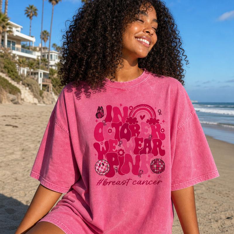 Breast Cancer Awareness Graphic Tee Women Soft Washed Cotton In October We Wear Pink Ribbon Shirt S-5XL