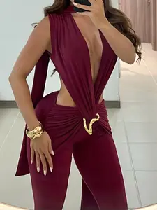 Women's Sleeveless Backless Tie Neck Long Pants Jumpsuit, Decorative Autumn Fashion, Sexy One-Piece