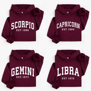 (LEAVE A NOTE or DM SHOP) Custom Zodiac Hoodie with Est Year - Maroon, Cute Horoscope Astrology Graphic Hoodie, Unisex Crewneck Hoodie, Personalized Zodiac Energy Gift for Birthday, Star Sign Lovers, Celestial Hoodie - AG