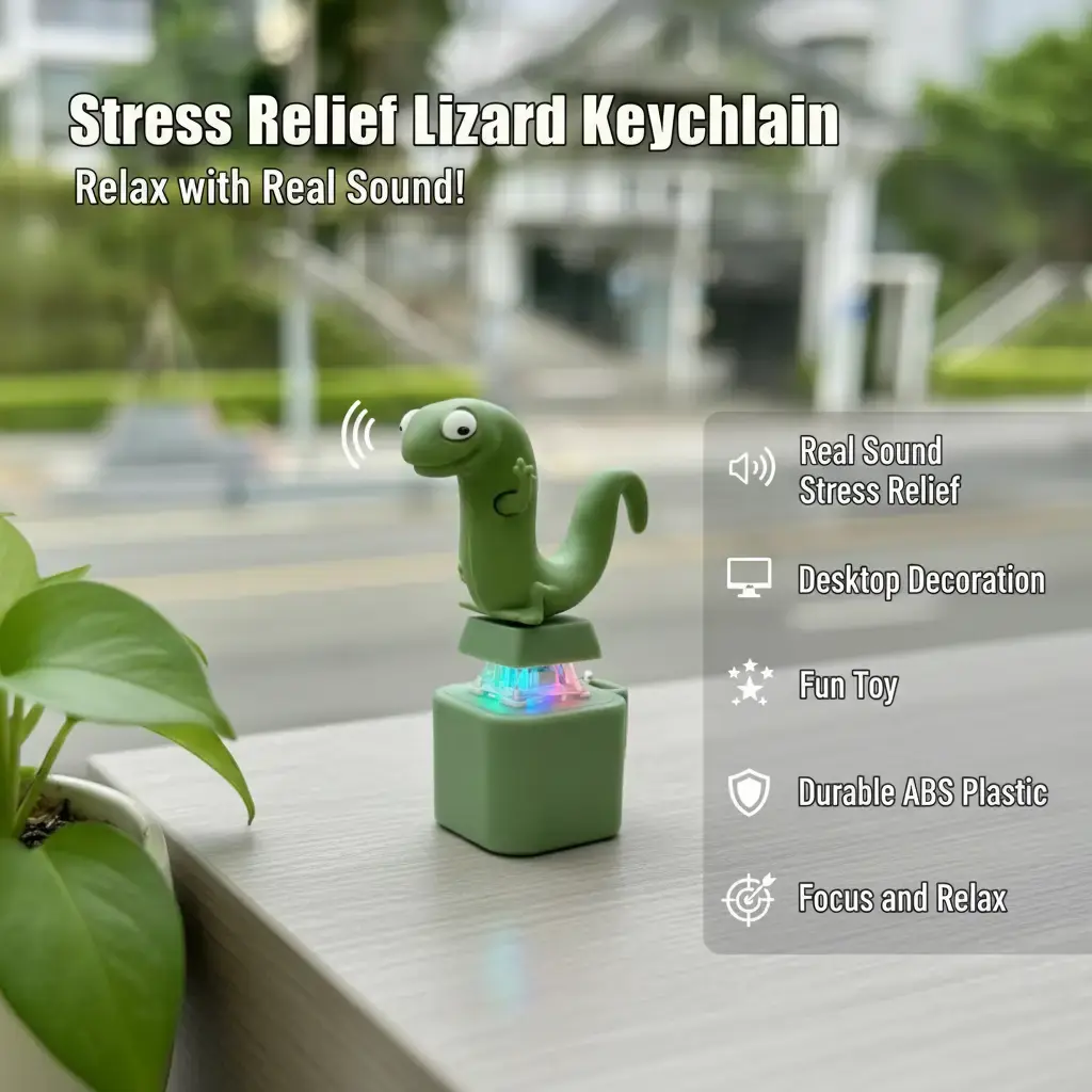 Durable ABS Plastic Lizard Keychain - Croaking Sound Stress Relief Toy, Desk Accessory with Rechargeable Light & Sound-Light Feature, Unzip Design, Focus & Relax Tool for Adults
