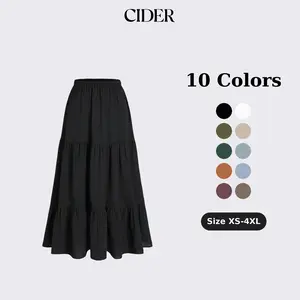 Cider Solid Elastic Waist Ruffle Hem Tiered Maxi Skirt