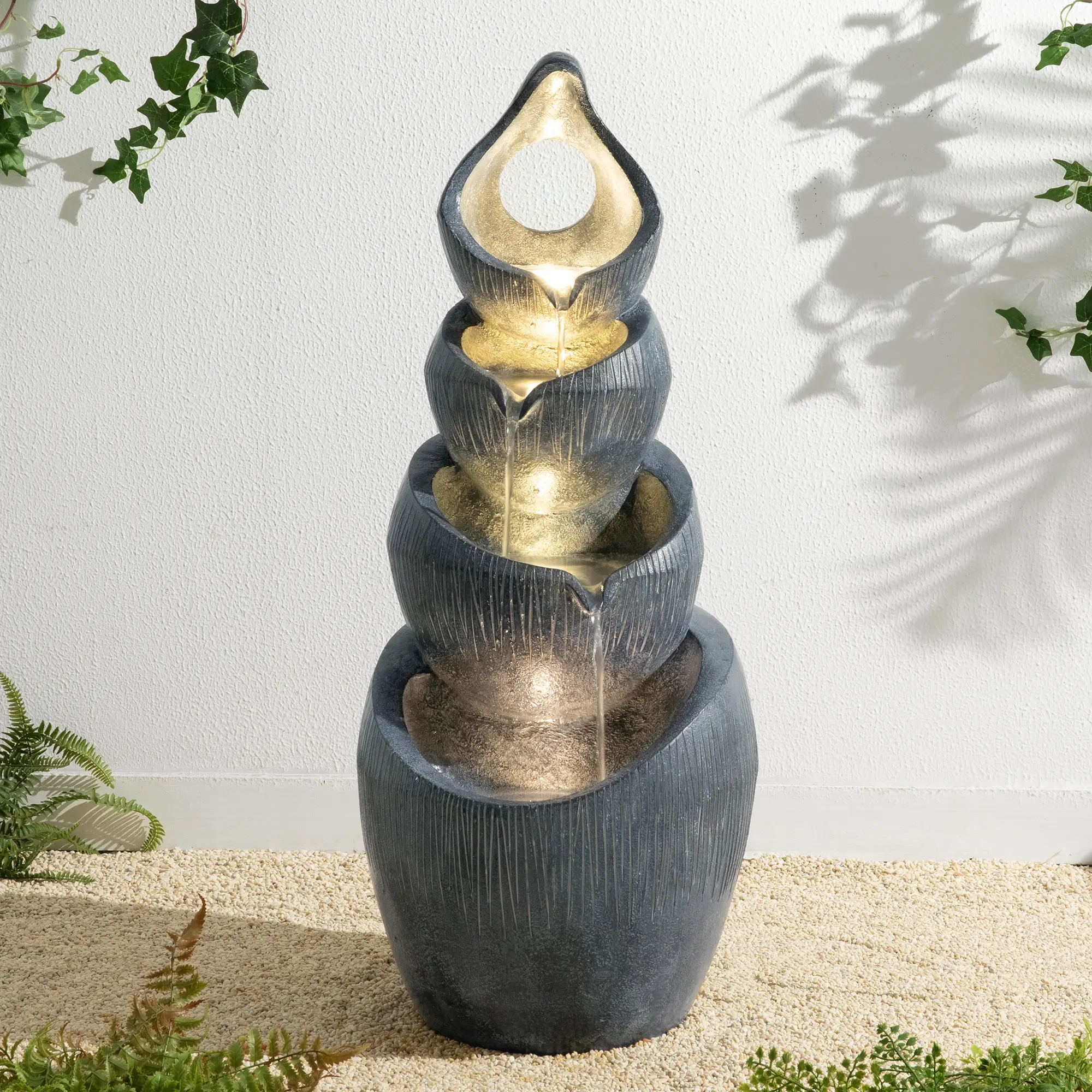 Glitzhome 34"H 4-Tiered Zen-Style Polyresin Alms Bowl Garden Fountain, LED Lighted Decorative Outdoor Piece with Pump for Home Improvement & Garden Supplies, Garden Fountains, Led Lighted Fountain