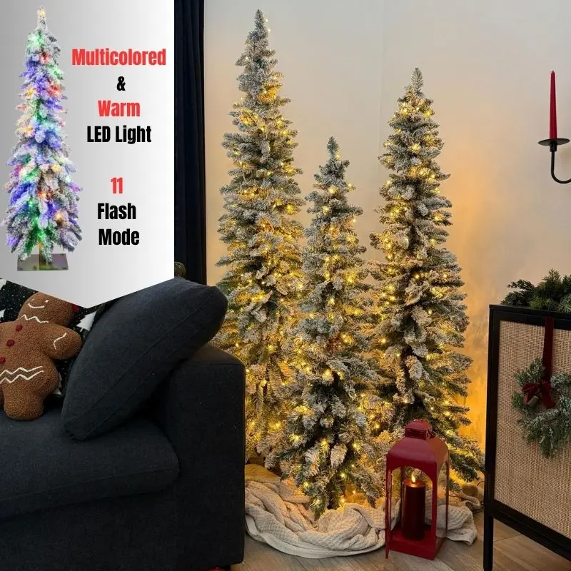 COSTWAY Pre-Lit Snow Flocked Slim Pencil Artificial Christmas Tree with Multi-Color & Warm-White LED Lights, Home Festive Holiday Decoration